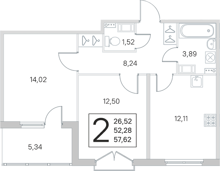 2-комнатная квартира 52.28 м², 3/4 эт., ЖК «Любоград в Стрельне»